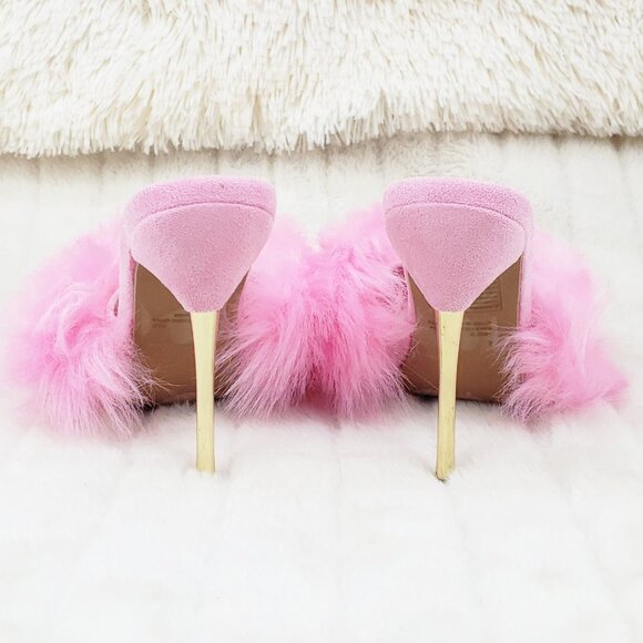 Furry Pointy Toe Slip On Gold Tone Slim Heels Pink Fuji - Picture 9 of 14